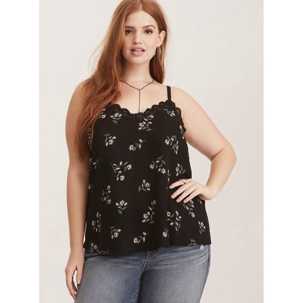 TORRID size 5X‎ Black Challis Floral Print Georgette Lace Trim Cami Tank Top